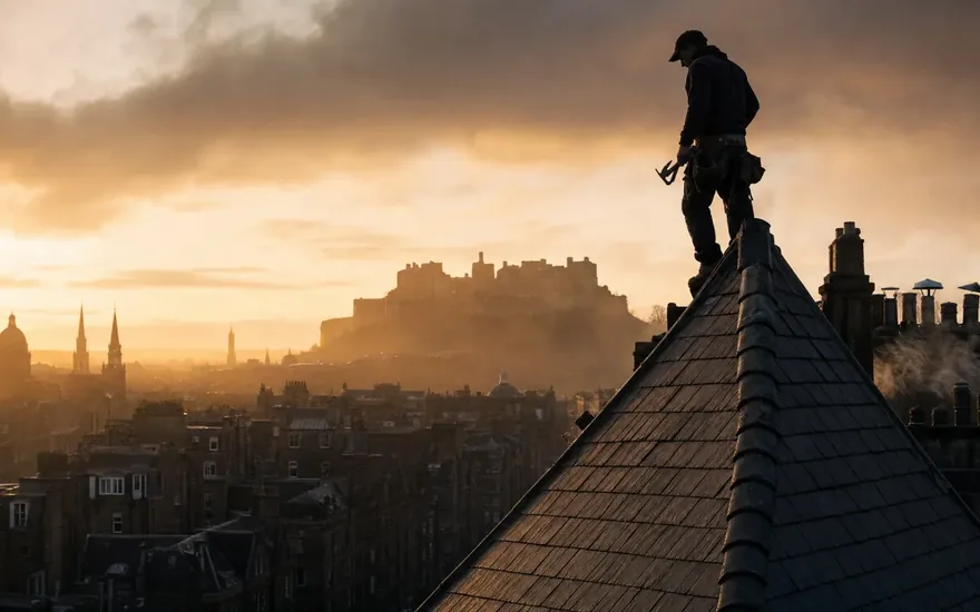 A roofer on an Edinburgh rooftop ridge at golden hour with Edinburgh Castle behind — Ronald Graham Roofing